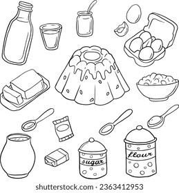 Set of hand drawn outline cooking, baking ingredients isolated on white background - black and white, black line vector