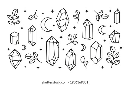 Satz handgezeichneter Rahmenkristalle, dünne Äste, Mond und Sterne einzeln auf weißem Hintergrund. Heilige Geometrie. Alchimie esoterischer Zaubertalisman. Mystisches Symbol.