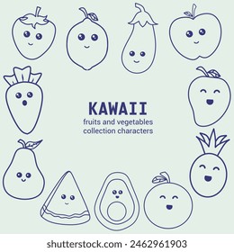 Set of hand drawn outline cute fruits and vegetables in kawaii style
