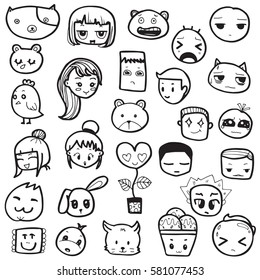 Set of hand drawn outline doodle emoticons vector illustration, Emoji face on white background