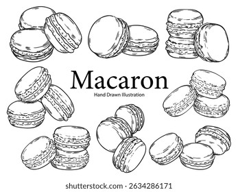 Conjunto de desenho desenhado à mão esboço desenho Macarons ilustração de alimentos