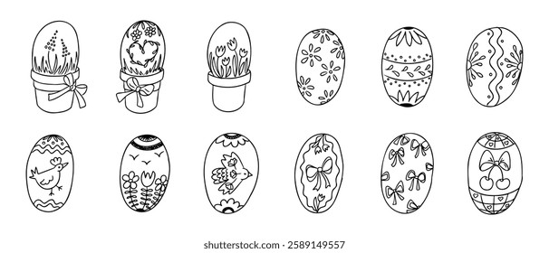 Set of hand drawn outline Easter eggs with floral, ribbon, and bird decorations in black and white doodle style. Vector contour line drawings for coloring pages isolated on white background