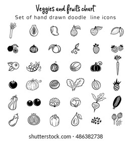 Set of hand drawn outline Fruits and Vegetables icons. Vector illustration.