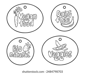 Set of hand drawn outline groovy lettering for vegan or vegetarian healthy eating labels in round and ellipse shape. Outline doodle vegetables isolated on white background