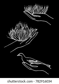 Set of hand drawn outline of hands with flower and bird in it. Sketch or doodle style vector image on black background. White illustration of comfort and care painted by liner.