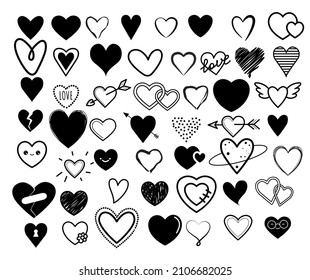 Set of hand drawn outline hearts.Vector icons.