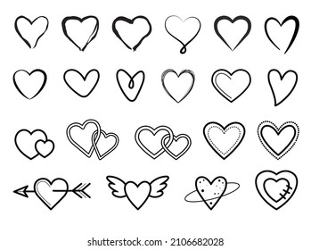 Set of hand drawn outline hearts.Vector icons.