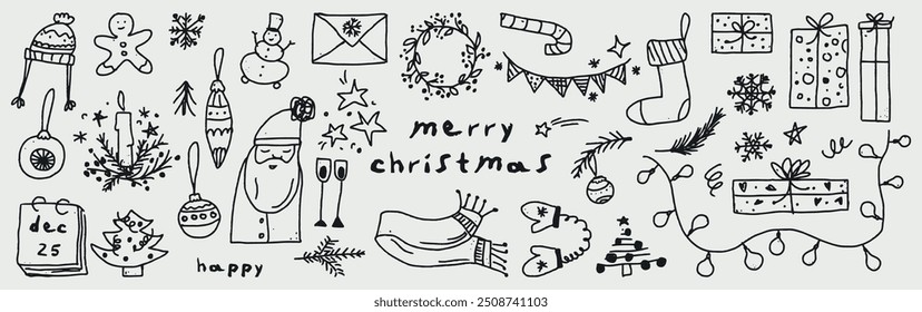 set of hand drawn outline holiday christmas elements. Doodle childish elements. Huge collection of hand drawn vector Christmas festive clip arts. Outline holiday vector set. Santa Claus, socks, toys