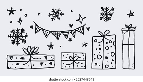 Conjunto de Elementos de vacaciones y Navidad dibujados a mano. Doodle Elementos infantiles. colección de Navidades de Vector dibujadas a mano artes de Clip festivas. Copos de nieve, regalos, estrellas