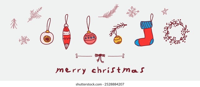 set of hand drawn outline holiday christmas elements. Doodle childish elements. collection of vector Christmas festive clip arts. Christmas decorations, a Christmas boot and a wreath