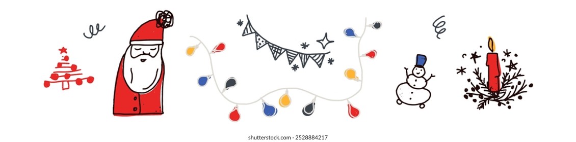 set of hand drawn outline holiday christmas elements. Doodle childish elements. collection of vector Christmas festive clip arts. santa claus, Christmas tree, garland, lights, snowman, candle
