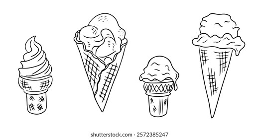 Set of hand drawn outline ice cream cones in various styles, with scoops and soft serve, illustrated in a simple black and white doodle style