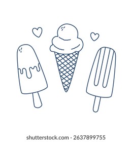 Set of hand drawn outline ice cream. Doodle drawing for print, invitation, poster, menu design. Isolated vector illustration