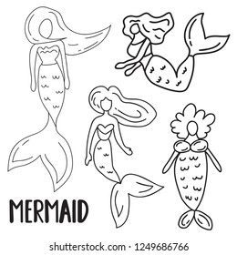Set of hand drawn outline icons of mermaids. Vector doodle illustration with lettering for kids coloring book, greeting card, t shirt, print, stickers, posters design.