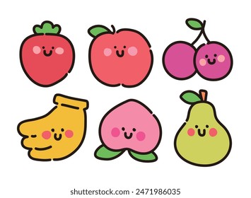 Set of hand drawn outline illustrations of fruit concepts in doodle style. The strawberry, apple, cherry, banana, peach, and pear characters have cute facial expressions.