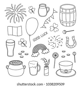 Set of hand drawn outline items for Saint patrick's day celebration isolated on white background.