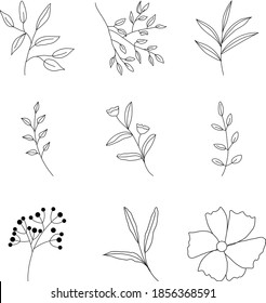 Set hand drawn outline leaves. Black line doodle floral for invitations, cards, banners.
