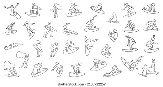 Set of hand drawn outline of man, woman, kids surfers. Girl and boys wave riders in different poses with surfboards. Surfing vector illustration.