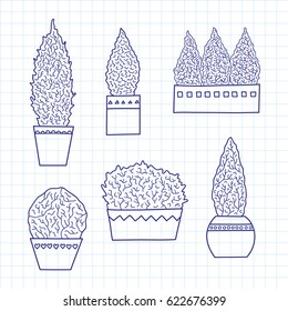 Set of hand drawn outline miniature growing coniferous trees in pots isolated on graph paper background.