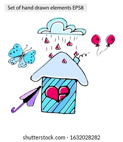 Set of hand drawn outline objects for Valentine's day. Butterfly. clouds and rain, small hearts, rose ballons, umbrella, house with heart window