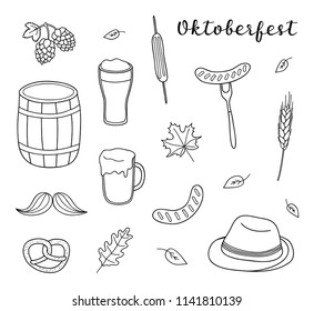 Set of hand drawn outline Oktoberfest icons isolated on white background.