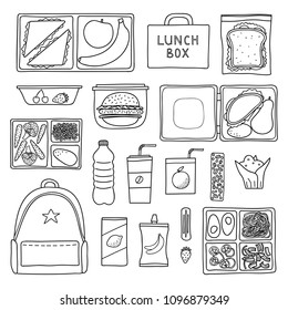 Set of hand drawn outline packed lunch boxes isolated on white background.