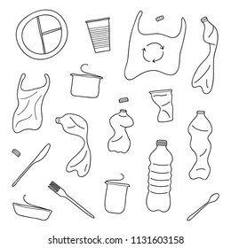Set of hand drawn outline plastic trash isolated on white background.