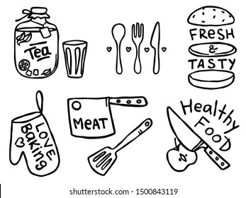 Set of hand drawn outline simple kitchen phrases about food and cute food illustrations