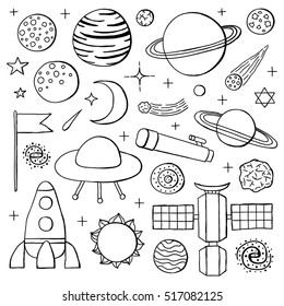 Set of hand drawn outline space icons including planets, stars, rocket, ufo, satellite, asteroid, moon, flag, telescope, sun, galaxy isolated on white background.