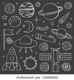 Set of hand drawn outline space icons including planets, stars, rocket, ufo, satellite, asteroid, moon, flag, telescope, sun, galaxy isolated on the blackboard.