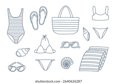 Set of hand drawn outline summer beach elements. Doodle drawing for print, poster, banner, card. Isolated vector illustration