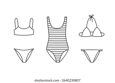 Set of hand drawn outline swimwear. Clothing for swimming. Ediatble stroke. Isolated vector illustration