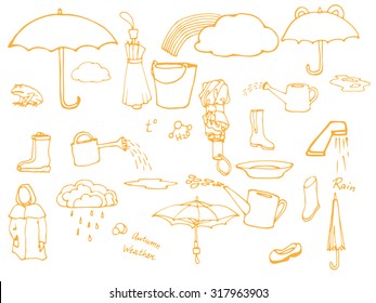 Set of hand drawn outlined objects, dedicated to autumn, water and rain theme. Isolated on white. Vector illustration