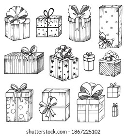 Set of hand drawn outlined presents of different shapes with different bows on white isolated background. Vector illustraton in sketch style.