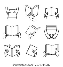 Un conjunto de contornos dibujados a mano de manos que sostienen libros. Ilustración vectorial para el aprendizaje, la lectura o el concepto de conocimiento, aislado sobre un fondo blanco.