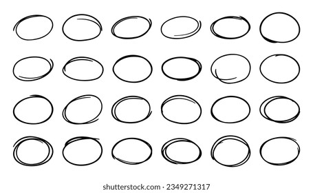 Set of hand drawn oval doodles. Various simple sketch ellipse frame collection, line logo design elements, ink pen style. Scribble vector illustration isolated on transparent background