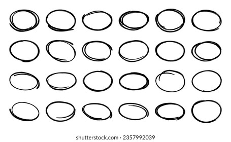 Set of hand drawn oval doodles. Various simple sketch ellipse frame collection, line logo design elements, marker highlights. Scribble vector illustration isolated on transparent background