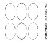 Set of hand drawn oval frames with leaves. Botanical frames for family monograms, invitations, greeting cards.