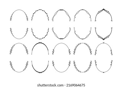 Set of hand drawn oval frames with leaves. Botanical frames for family monograms, invitations, greeting cards.