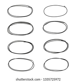 Set of hand drawn oval sketched frames isolated on white background.