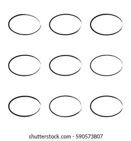 Set hand drawn ovals, circle, frame. Text box from smears. Vector stroke border.