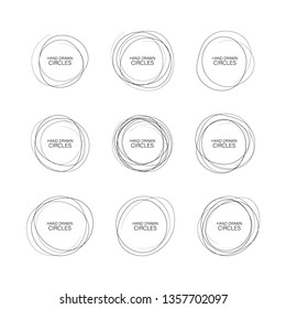 Set hand drawn ovals, felt-tip pen circles. Rough vector frame elements. Vector stock illustration.