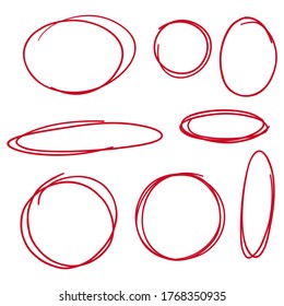 Set hand drawn ovals, felt-tip pen circles. Vector collection of doodle red frames.