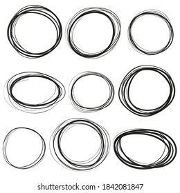 Set hand drawn ovals, felt-tip pen circles. Rough vector doodle frame elements. Black color.
