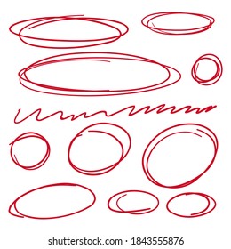 Set hand drawn ovals, felt-tip pen circles. Vector collection of doodle red frames.