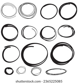 Set hand drawn ovals, felt-tip pen circles. Vector collection of doodle black frames.