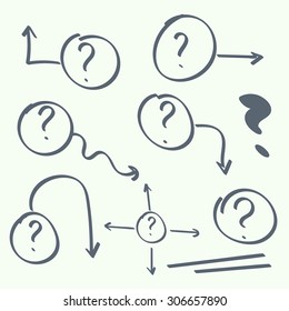 Set hand drawn ovals, question marks. Help symbol. FAQ sign on background. vector