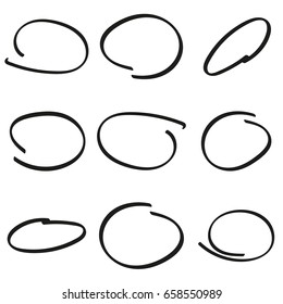 Set of the hand drawn ovals. Underlining, highlight important information, note. Rough elements. Vector. Frame