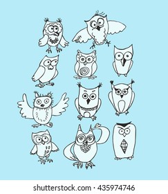 Set of hand drawn owls
