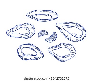 Set of hand drawn oyster with lemon vector illustration. Seafood mussel delicacy isolated on white background. La dolce vita Italian style.